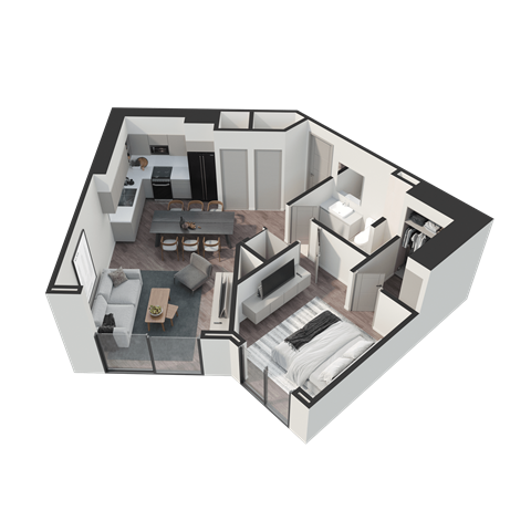 Floor plan for 1 bed, 1 bath, 665 sqft